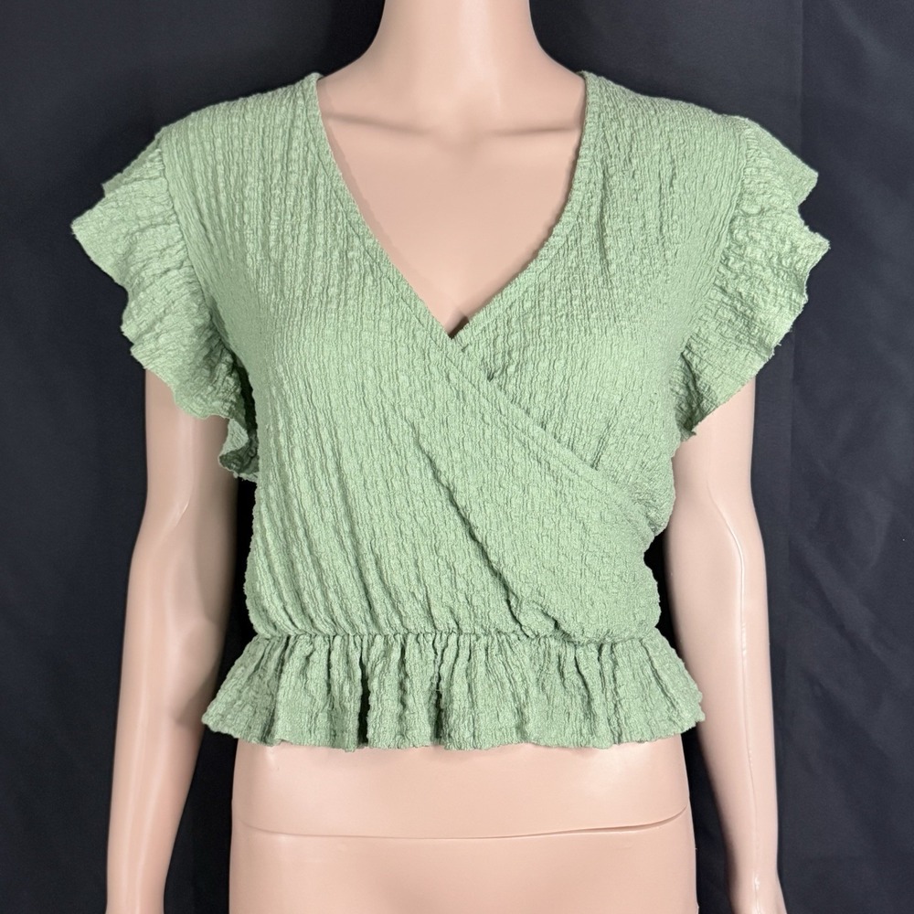Sage Green Crinkle Wrap Vneck Top Short Flutter Sleeves Ruffled Elastic Hem Sz L